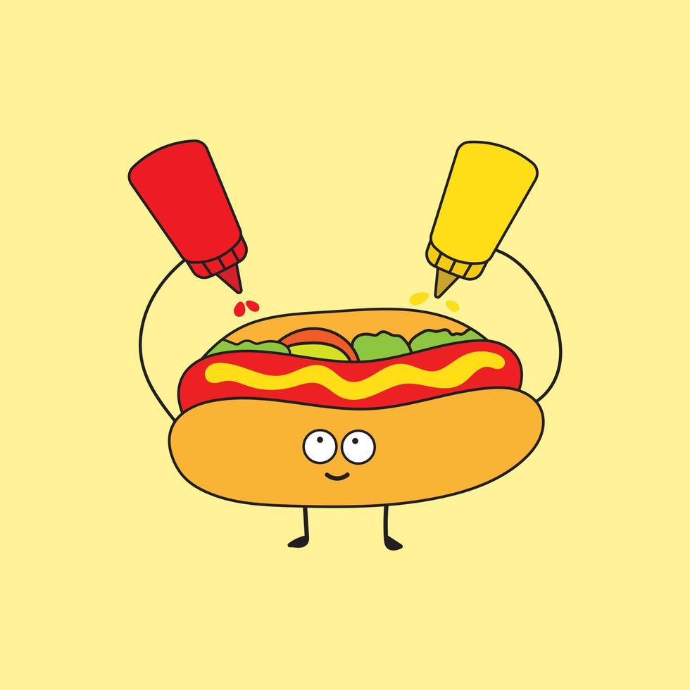 ilustración vectorial gráfico niños dibujo estilo divertido lindo hot dog con mostaza y ketchup en un estilo de dibujos animados. vector