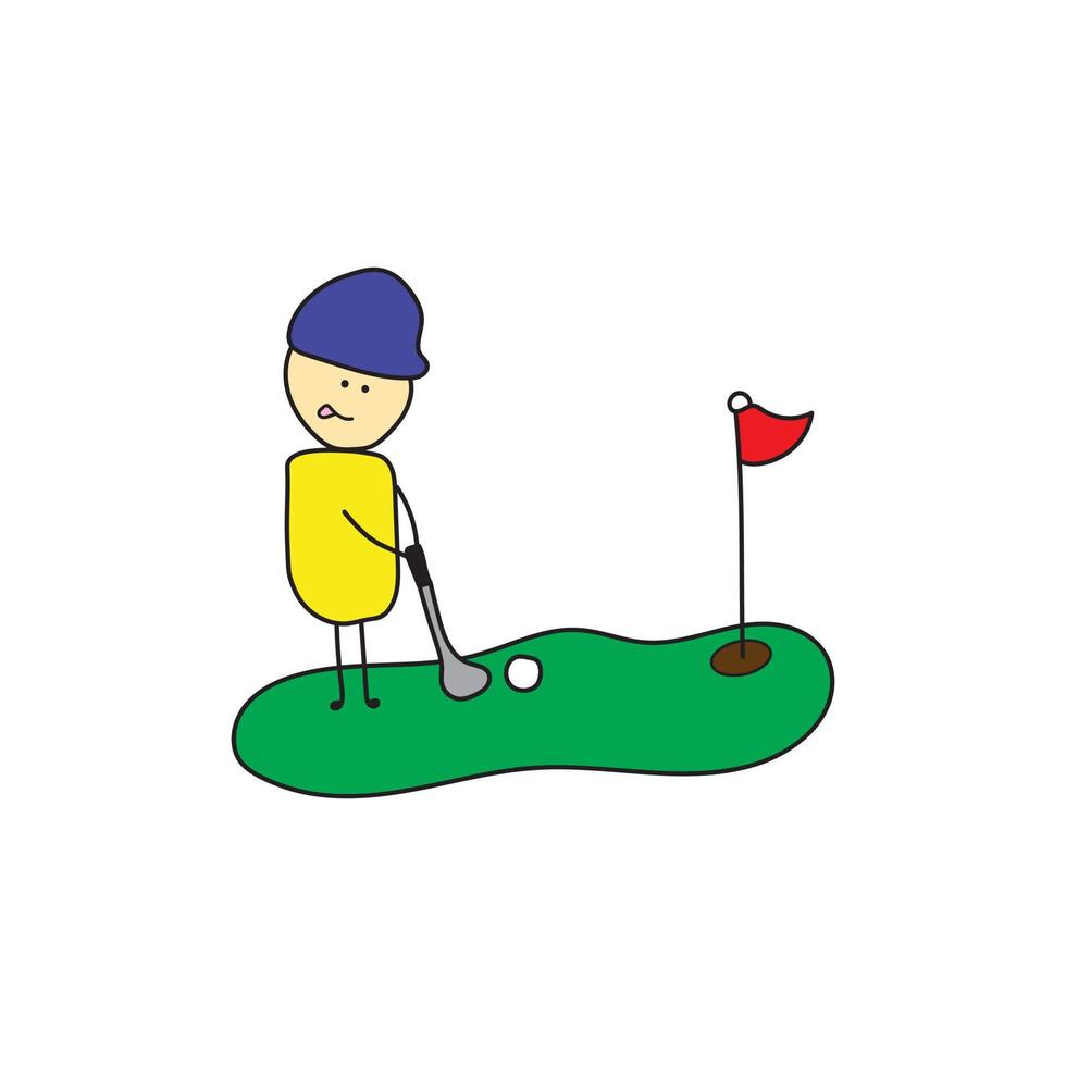 illustration vector graphic Kids drawing style funny cute boy playing golf in a cartoon style.