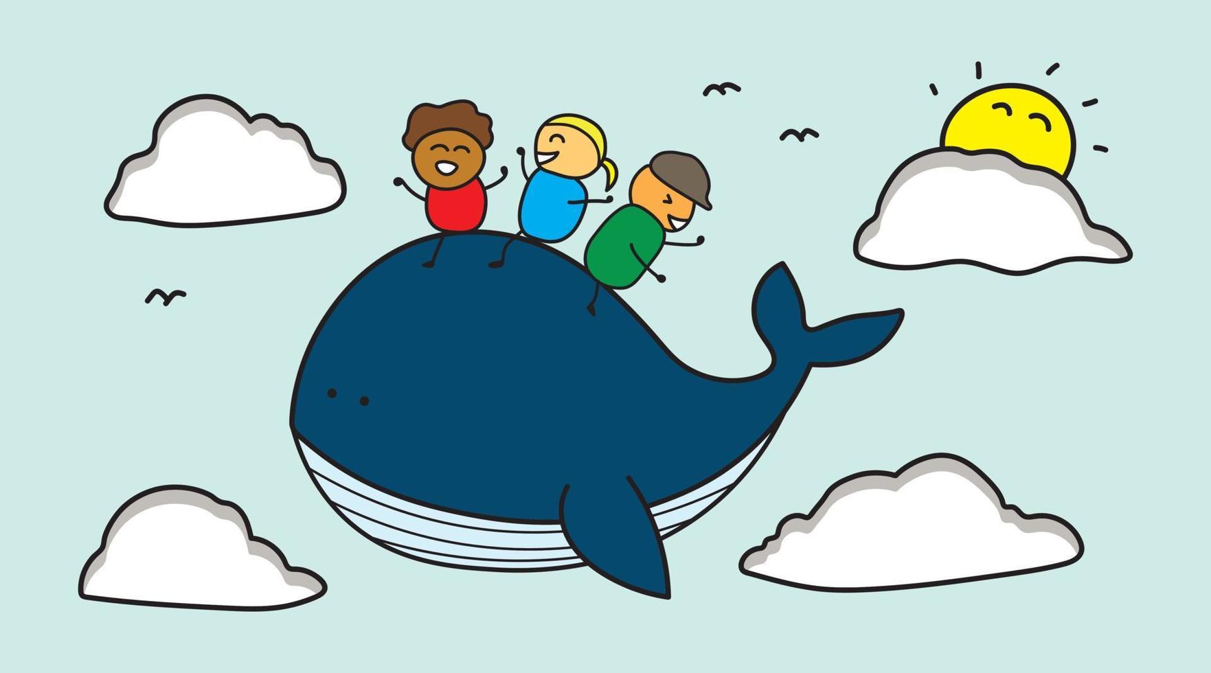 niños lindos divertidos montando una ballena azul en un cielo en un estilo de dibujos animados vector