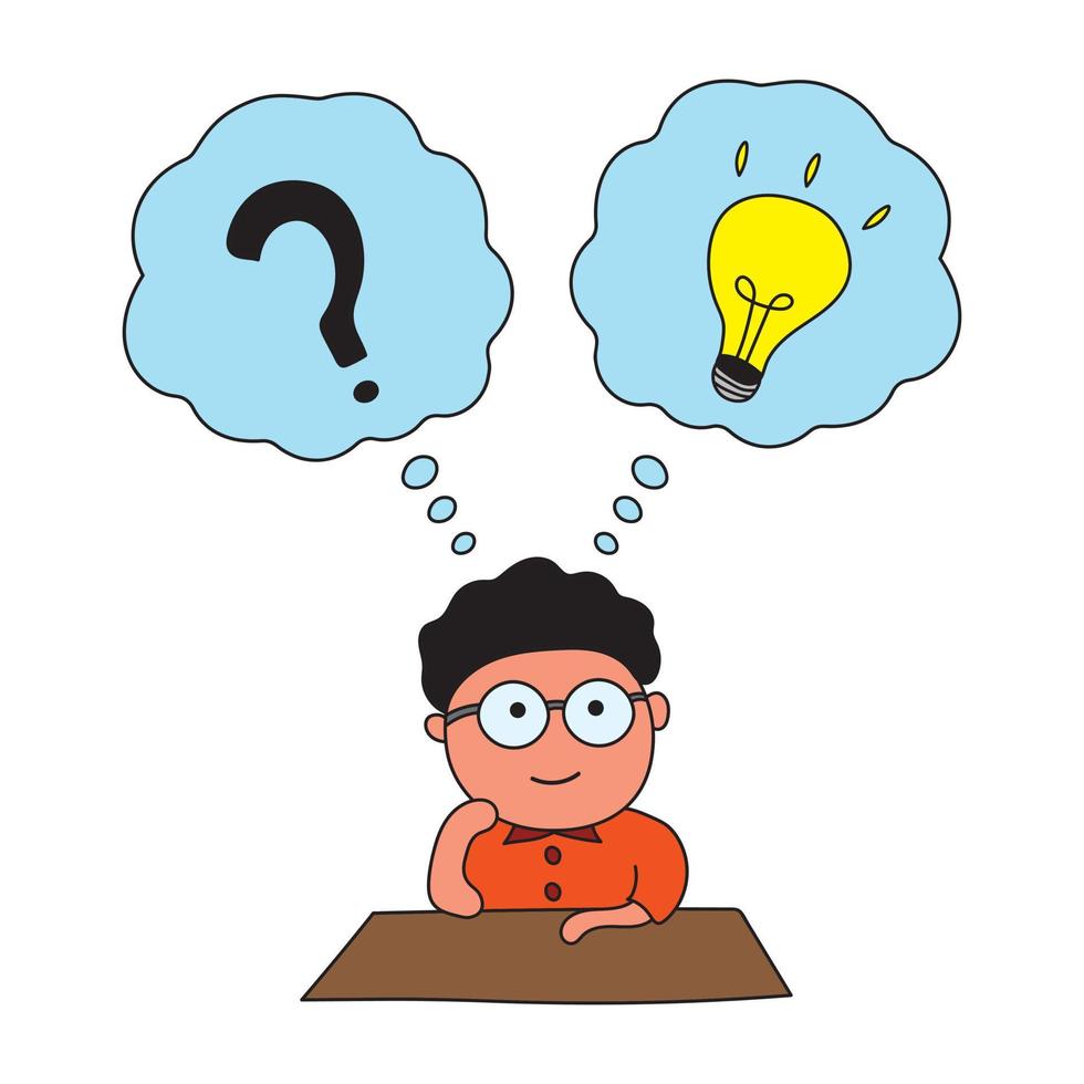 Vector Illustration kids drawing of kid thinking idea, cute children character, posing question and inspiration in a cartoon style