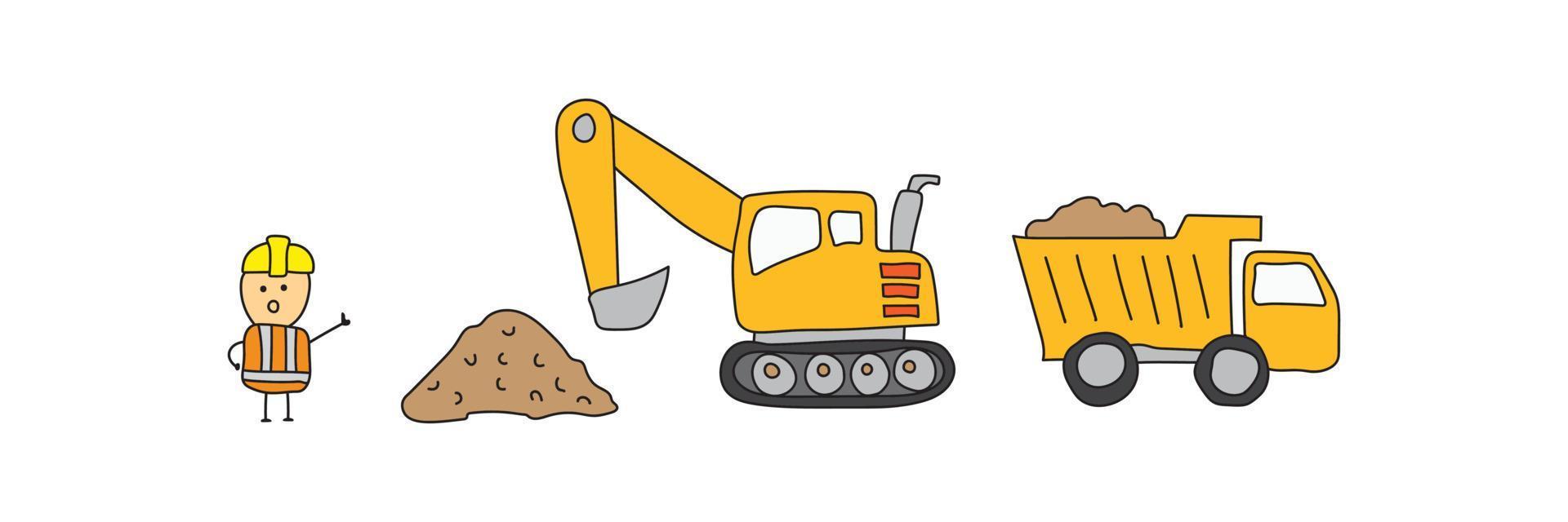 juego de construcción camión volquete excavadora, vehículos pesados de transporte de construcción vector