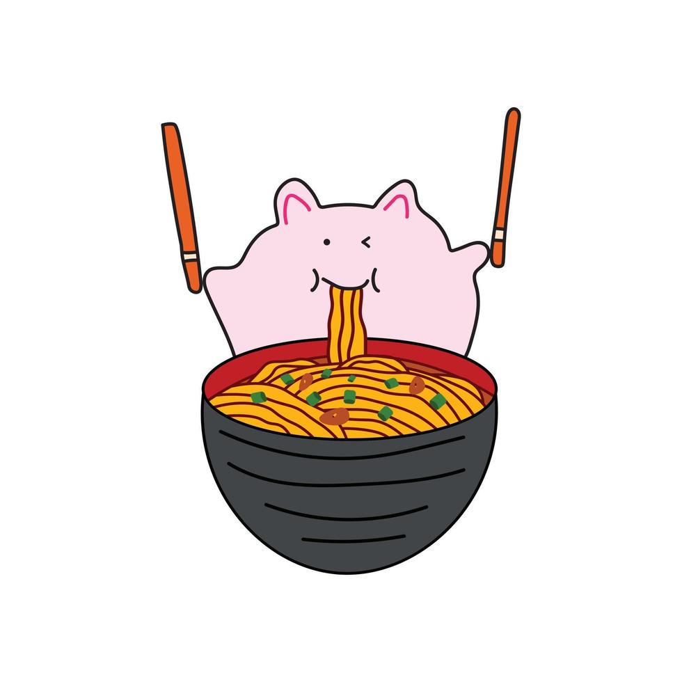 illustration vector graphic Kids drawing style funny cute fat pink mice eating ramen noodles in a cartoon style.