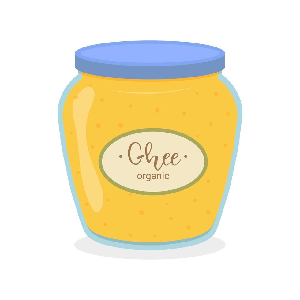 mantequilla de ghee en un frasco de vidrio sobre un fondo blanco. dieta cetogénica. ilustración vectorial vector