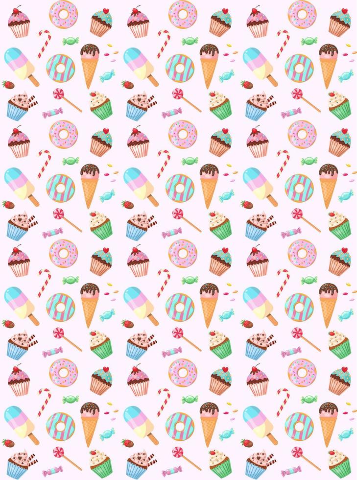 Pattern with sweets and ice cream, cupcakes. Pattern for birthday. Phone background. Sweet pattern. vector