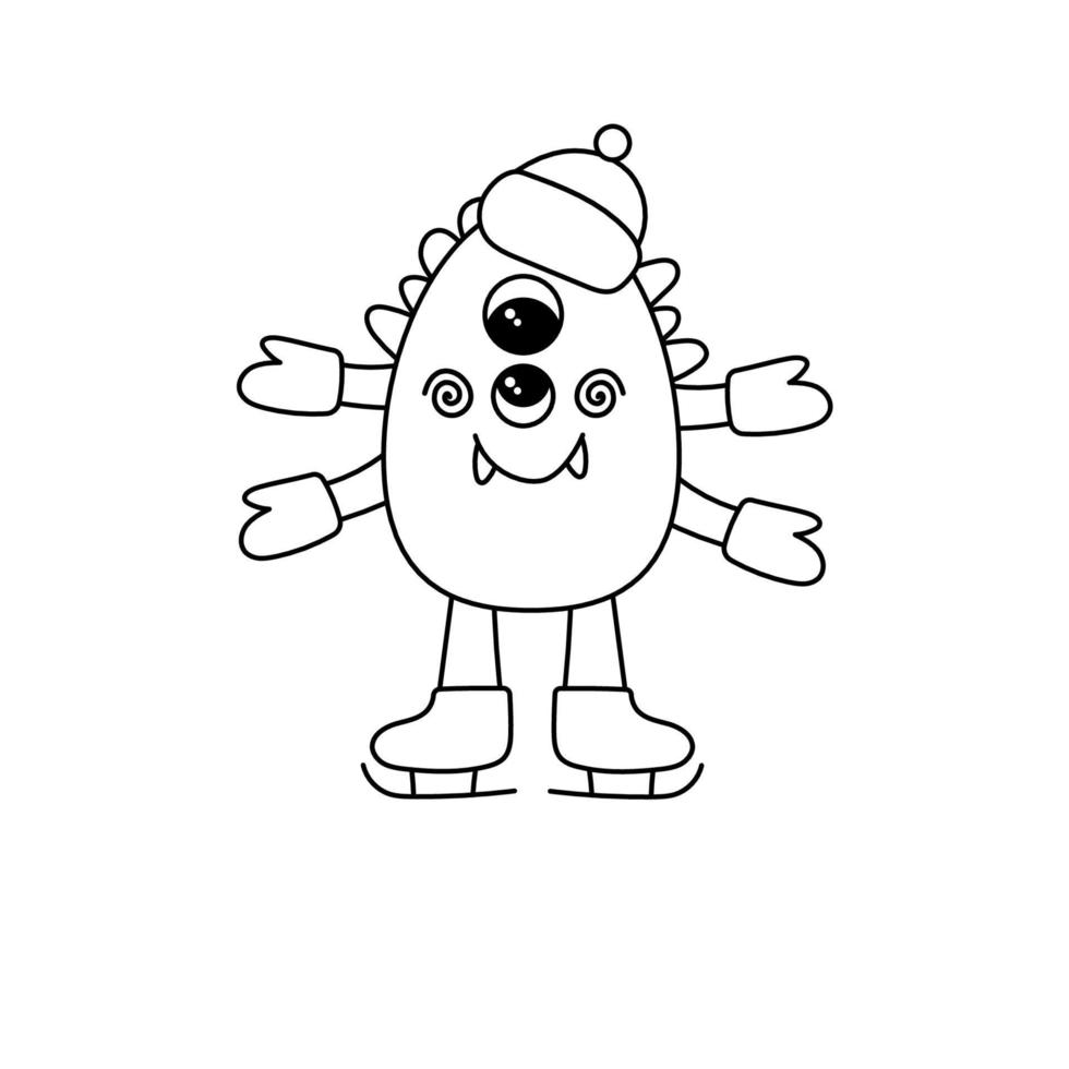 A black and white monster in a hat and on skates. A winter monster with a smile. Vector doodle illustration