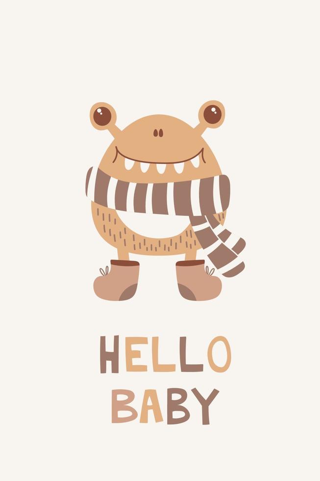 Cute scandinavian monster. Boho posters for the children's room. Hello baby. Vector design for posters, invitations, cards and wall decor