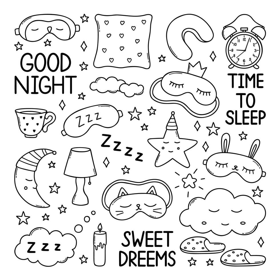 Sleep doodle set. good night symbols in sketch style. Hand drawn vector illustration isolated on white background