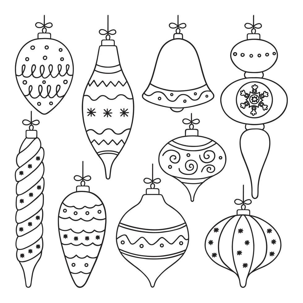 Christmas balls doodle set. New Year decoration in sketch style. Hand drawn vector illustration isolated on white background