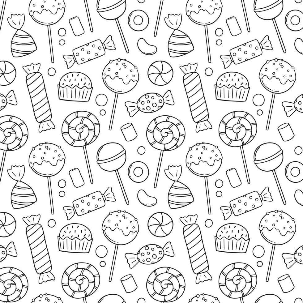 Seamless pattern of sweets and candies doodle. Lollipop, caramel, marshmallow in sketch style.  Hand drawn vector illustration.