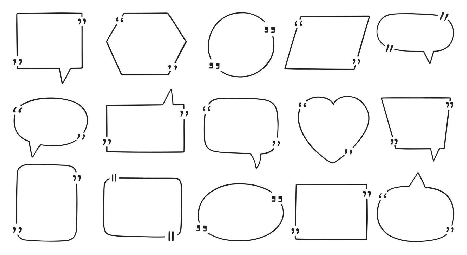 conjunto de garabatos de cuadro de cotización. bocadillo de diálogo con comillas en estilo boceto. ilustración vectorial dibujada a mano aislada sobre fondo blanco vector