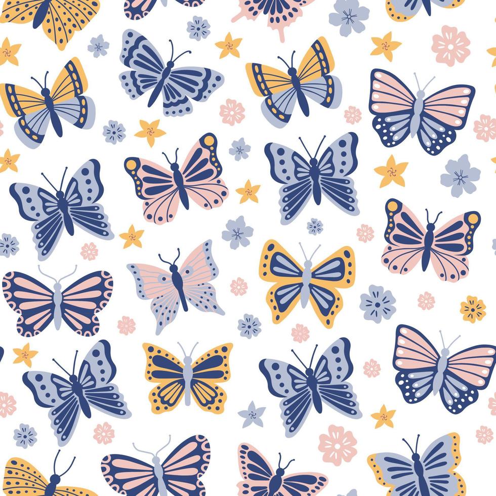 Seamless pattern of butterflies and flowers doodle. Flying insects in sketch style. Hand drawn vector illustration