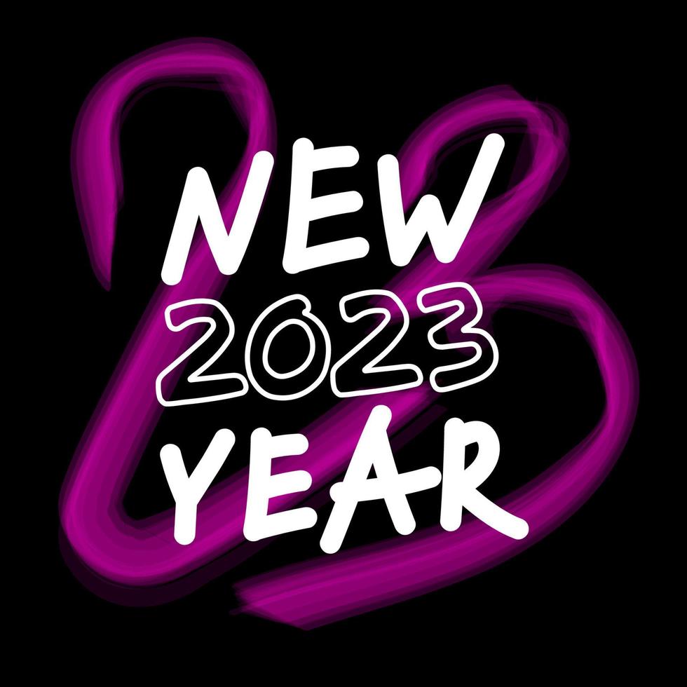 2023 new year graffiti poster. White text with a pink neon symbol on a black background. Street art, lettering, vintage graffiti. Hand drawn modern urban vector illustration.