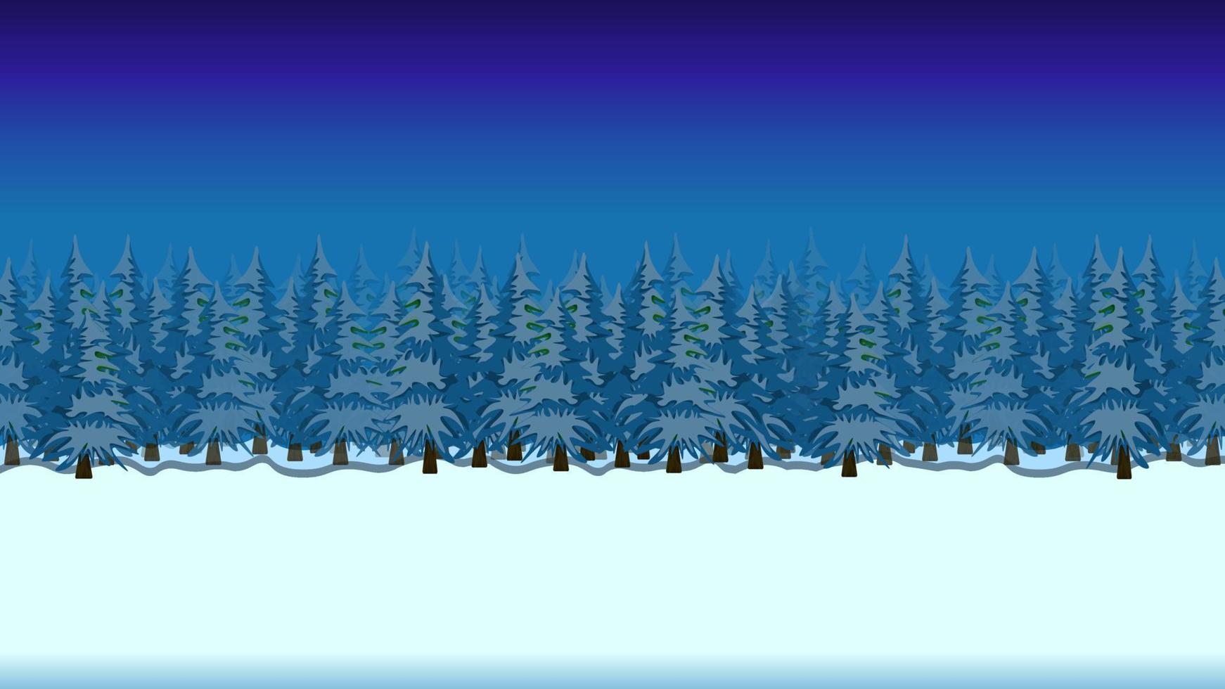 Winter fores glade with trees at night. Landscape with snow covered trees. Colorful vector illustration.