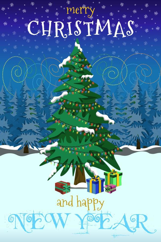 Christmas greeting card. Xmas tree with gifs. Winter forest at night. Colorful vector illustration.