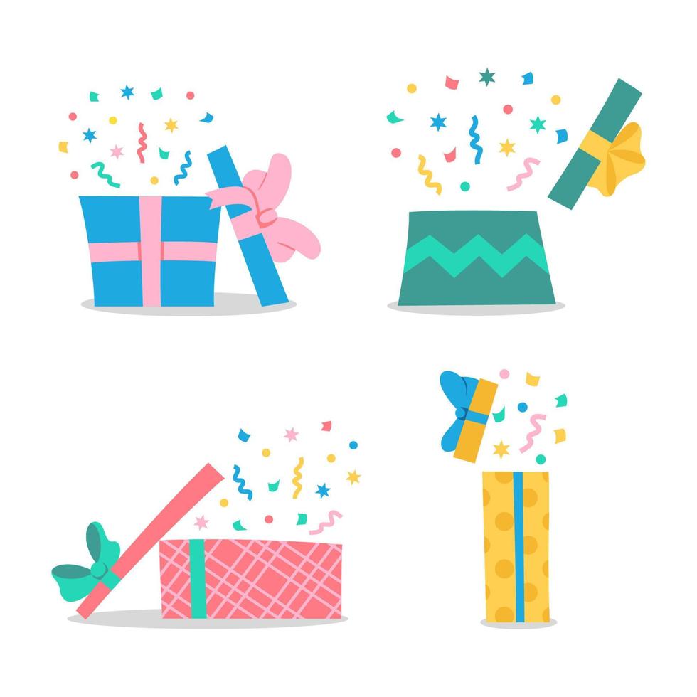 conjunto de diferentes cajas de regalo abiertas con confeti de colores. plantilla para banner de venta, cartel sorpresa, folleto, tarjeta de felicitación, portada. celebrar año nuevo, navidad, cumpleaños, aniversario, boda. vector