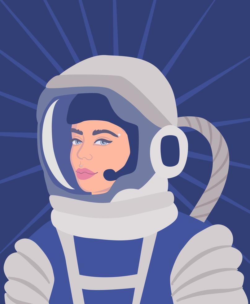 mujer astronauta en traje espacial y casco. retrato de mujer cosmonauta en traje de presión. concepto de avatar científico. vector