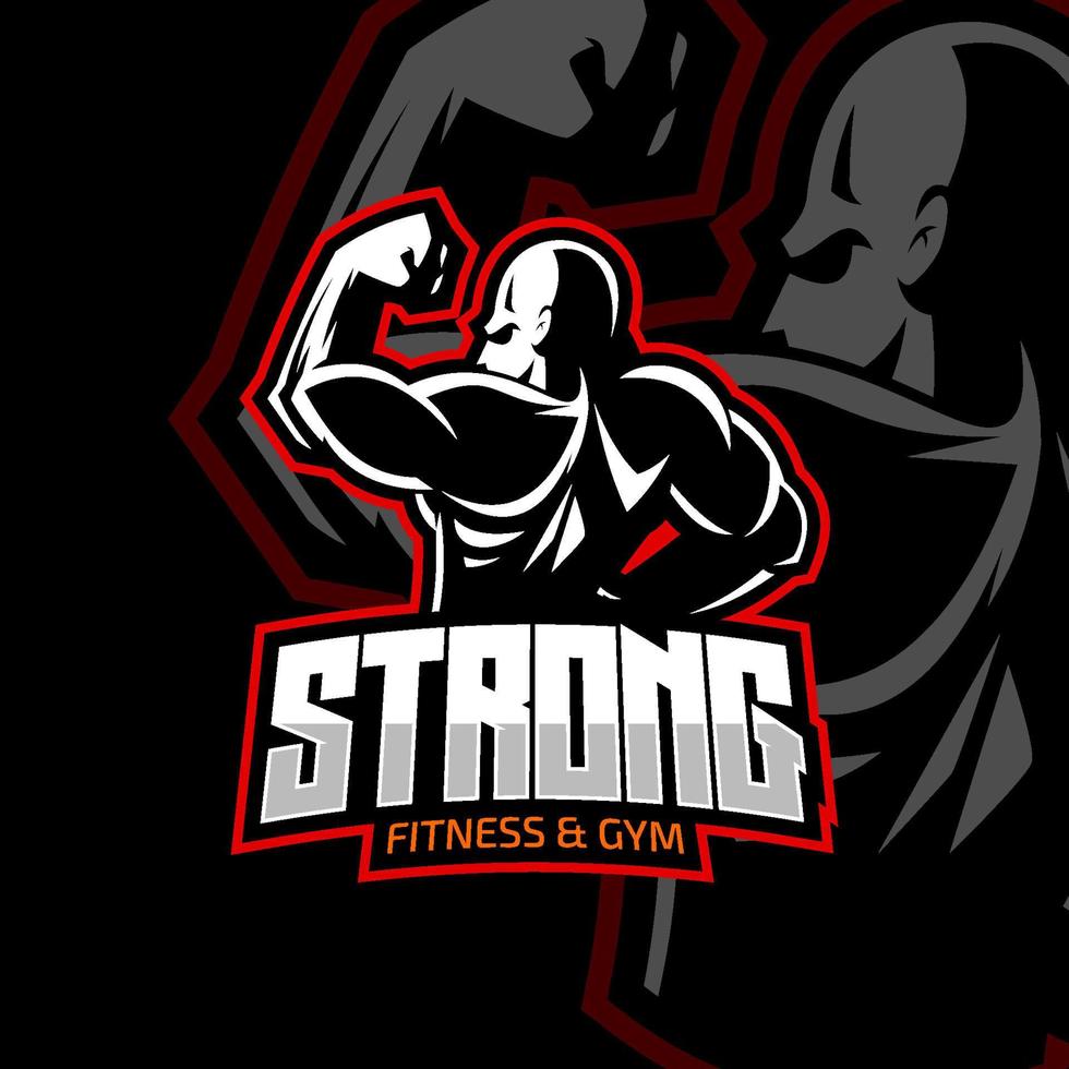 Strong muscular body builder sport emblem logo. Fitness, gym, exercise vector illustration.