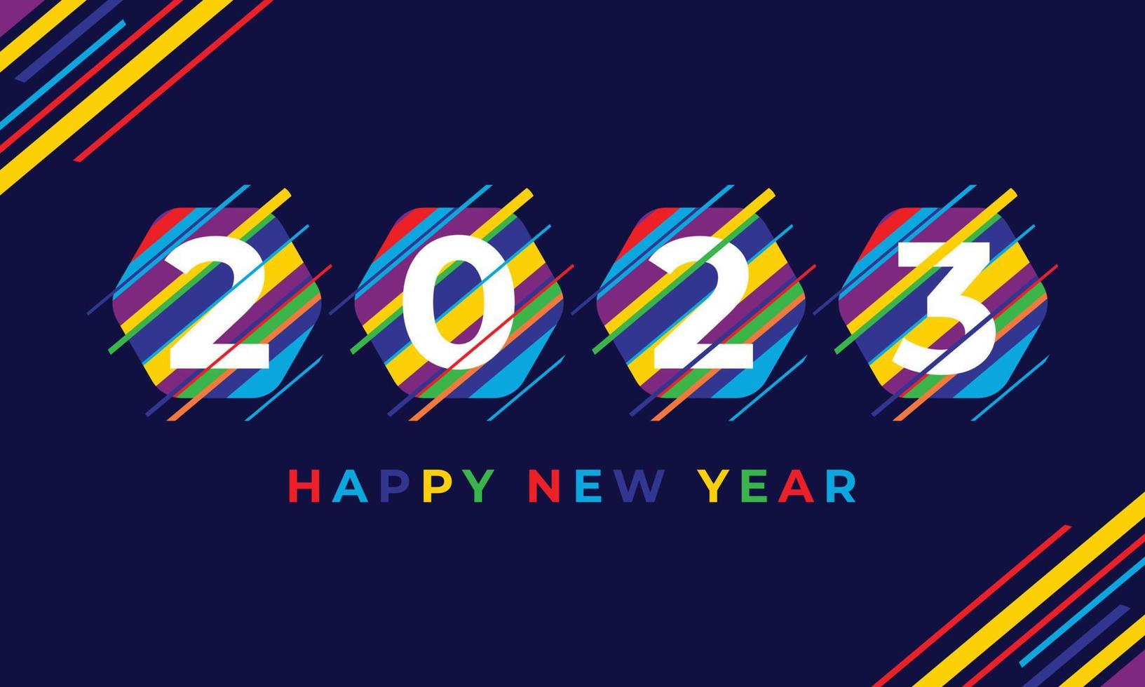 feliz año nuevo 2023 diseño de texto colorido de polígono bajo. feliz año nuevo 2023 texto de encabezado de banner de redes sociales vector