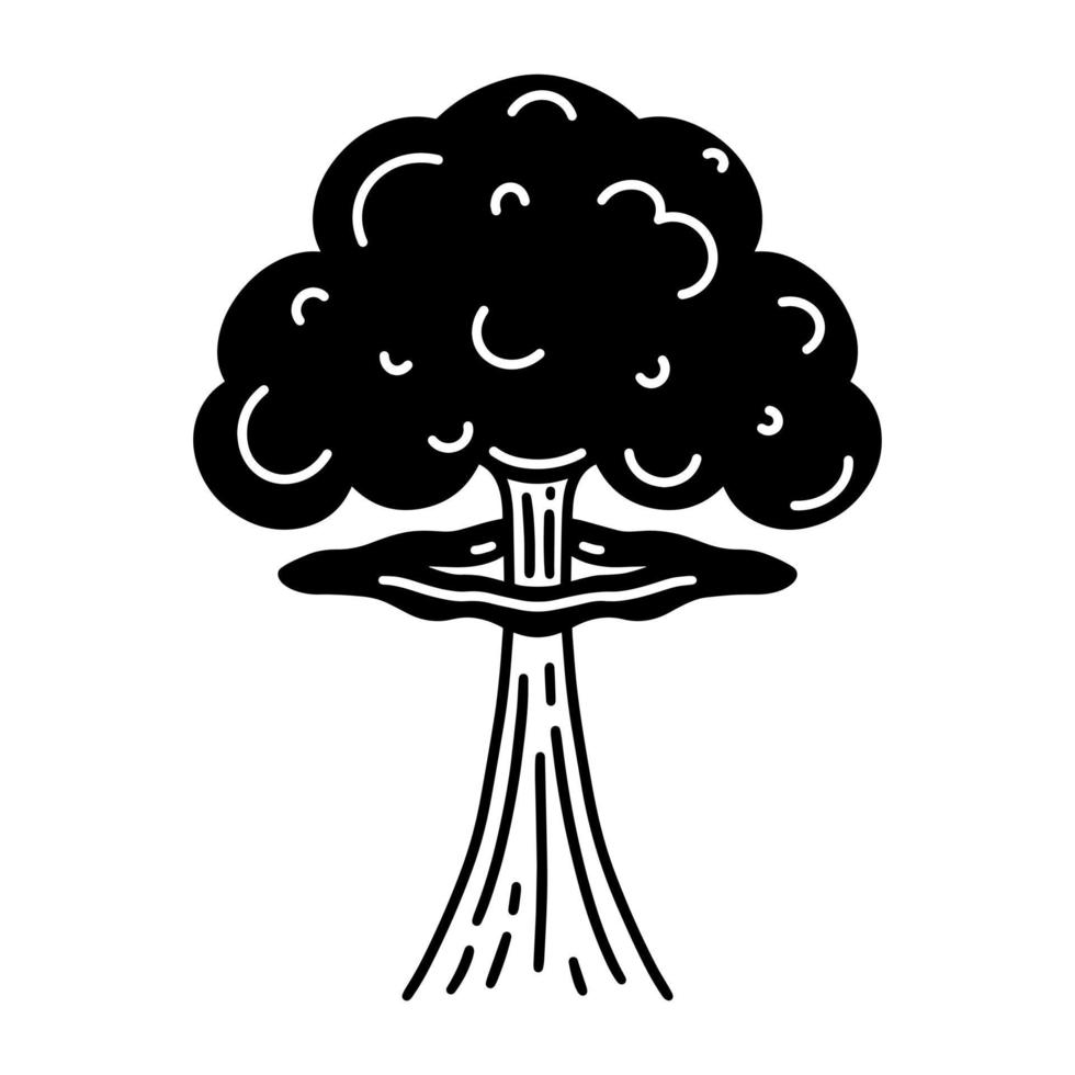Nuclear explosion vector icon. Black mushroom cloud of atomic or hydrogen bomb. Symbol of war, radiation catastrophe, apocalypse. Simple silhouette isolated on white. Clipart for prints, logos, apps