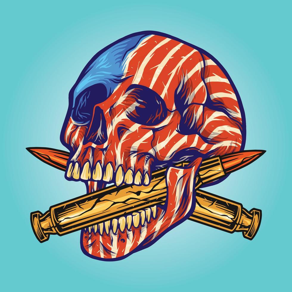 cabeza de calavera de bandera americana con ilustración de bala vector