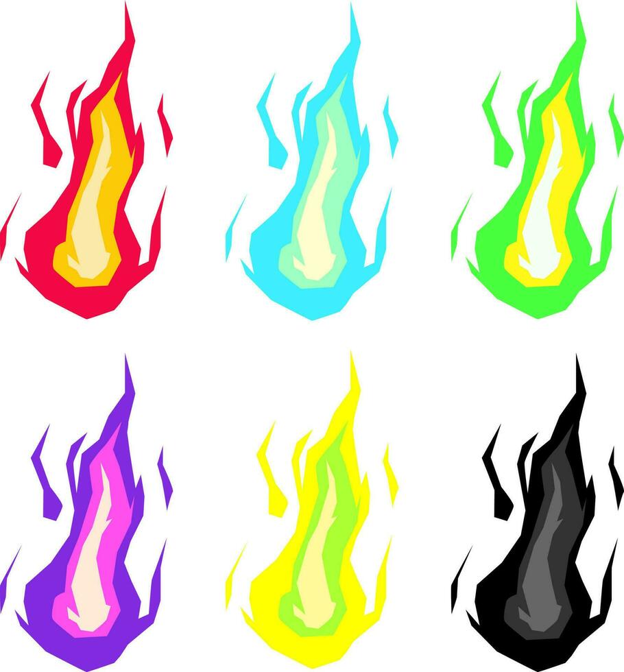 Set of fire flames with modern color of red, blue, green, purple, yellow black. Isolated Vector illustration