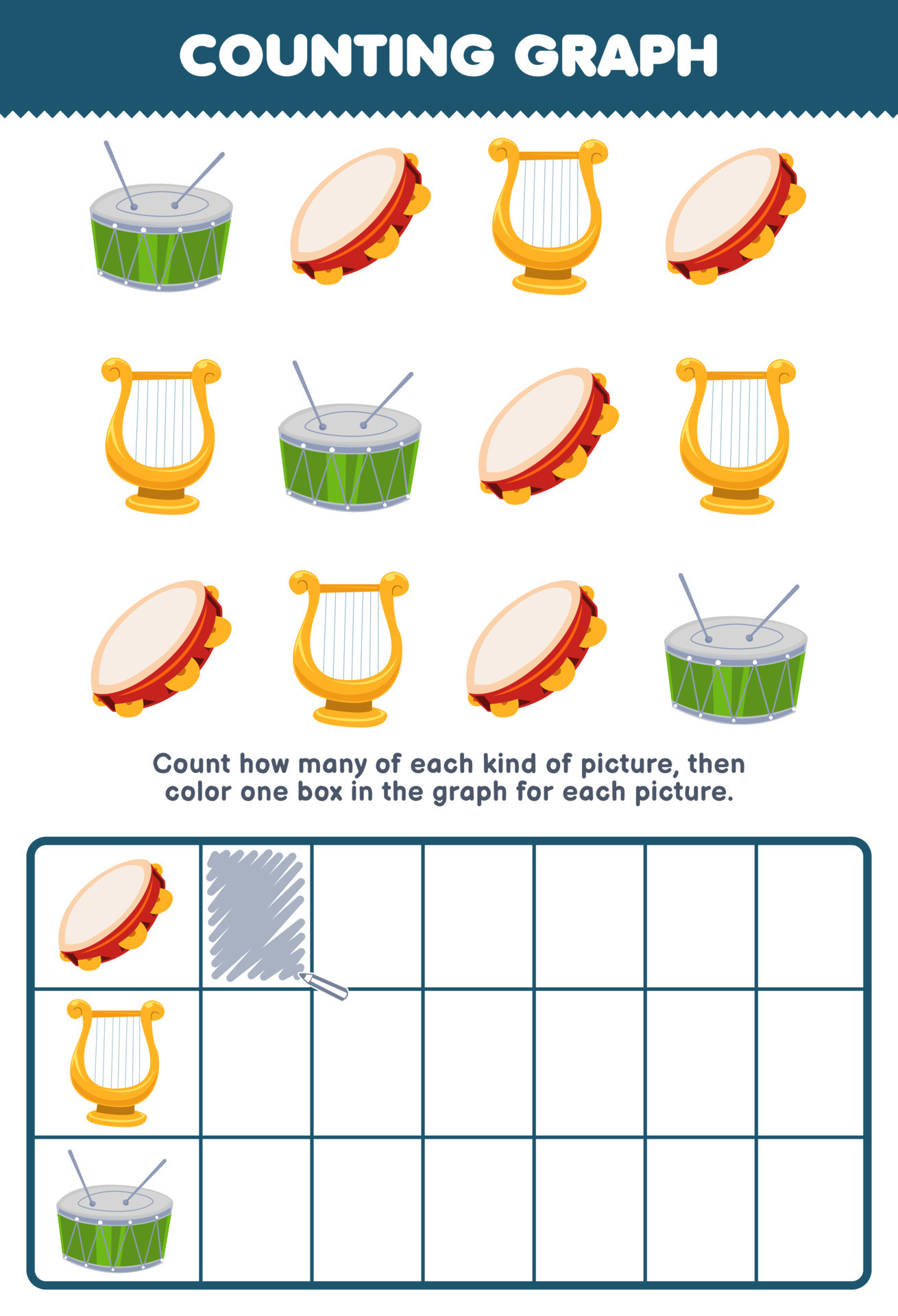 Education game for children count how many cute cartoon drum ...