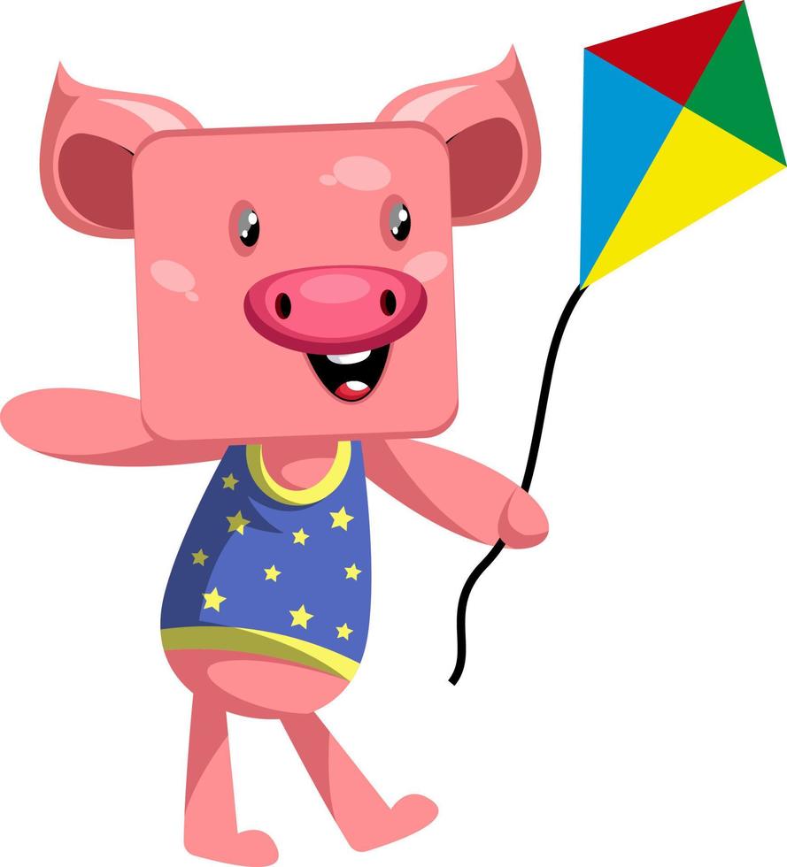 Pig with flying kite, illustration, vector on white background.