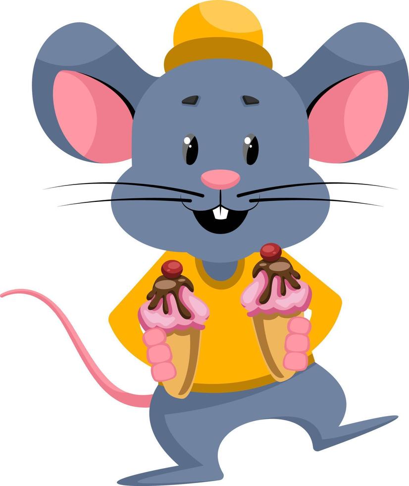 Ratón con helado, ilustración, vector sobre fondo blanco.