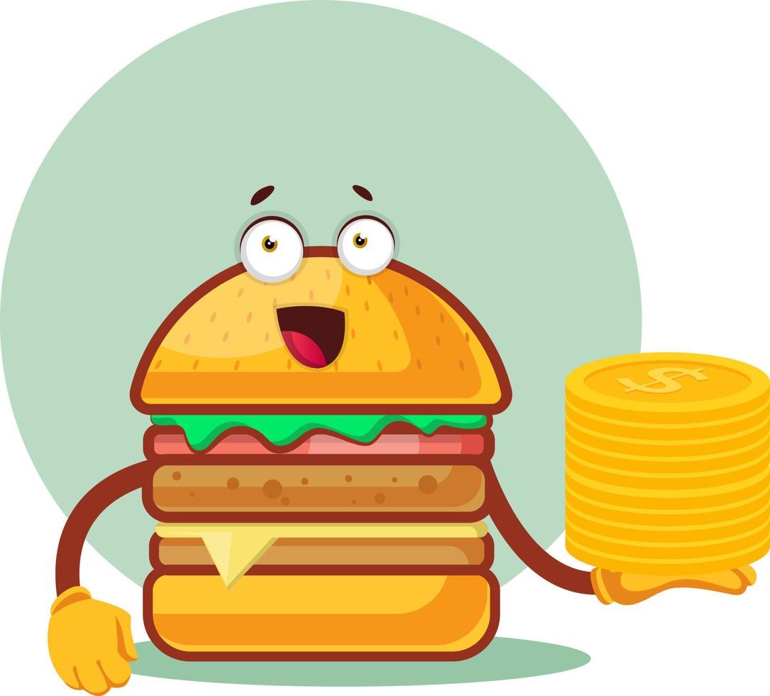 Burger is holding a pile of nickels, illustration, vector on white background.