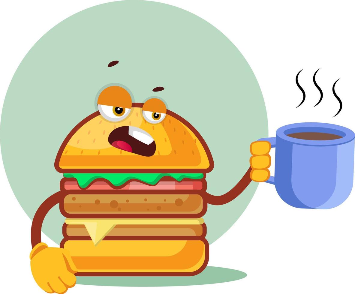 Burger está sosteniendo una taza de café, ilustración, vector sobre fondo blanco.