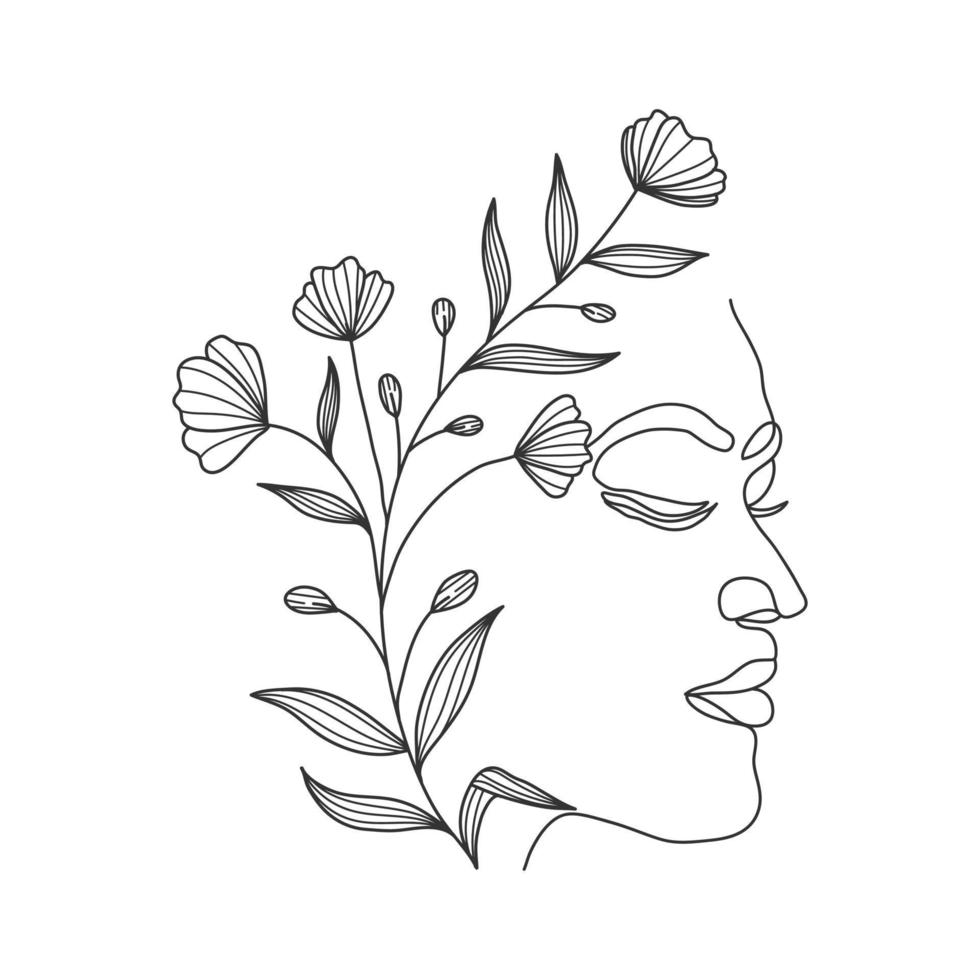 Abstract woman face one line drawing,minimalistic woman with leaves portaits continuous linier simple vector