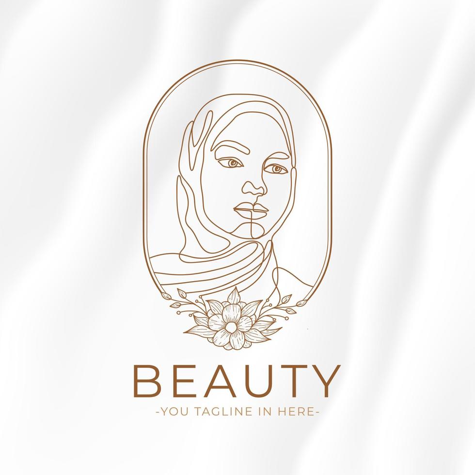 simple hijab women logo with floral frame beauty template,continuous template line drawing vector