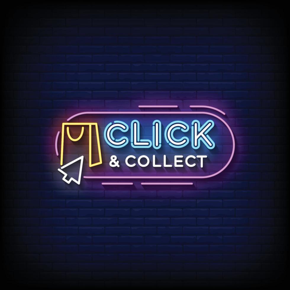 Neon Sign click and collect with brick wall background vector