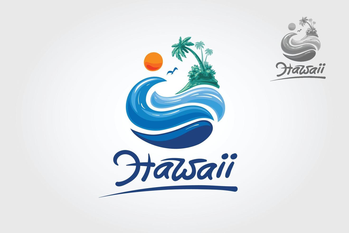 Hawaii Vector Logo Template. Water ocean waves with sun, palm tree and beach, for restaurant and hotel.