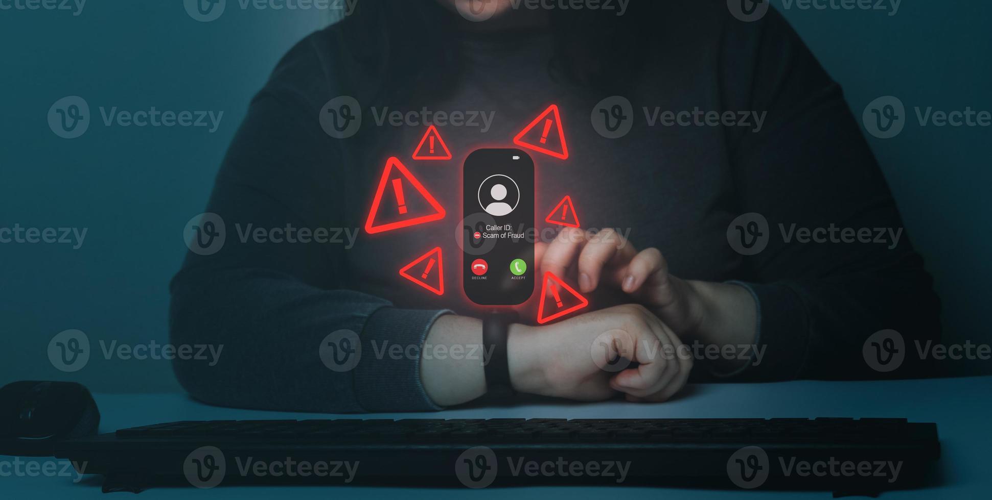 Woman receiving phone call from unknown number on smartwatch. Scam, fraud or phishing concept. Hoax person with fake identity. photo