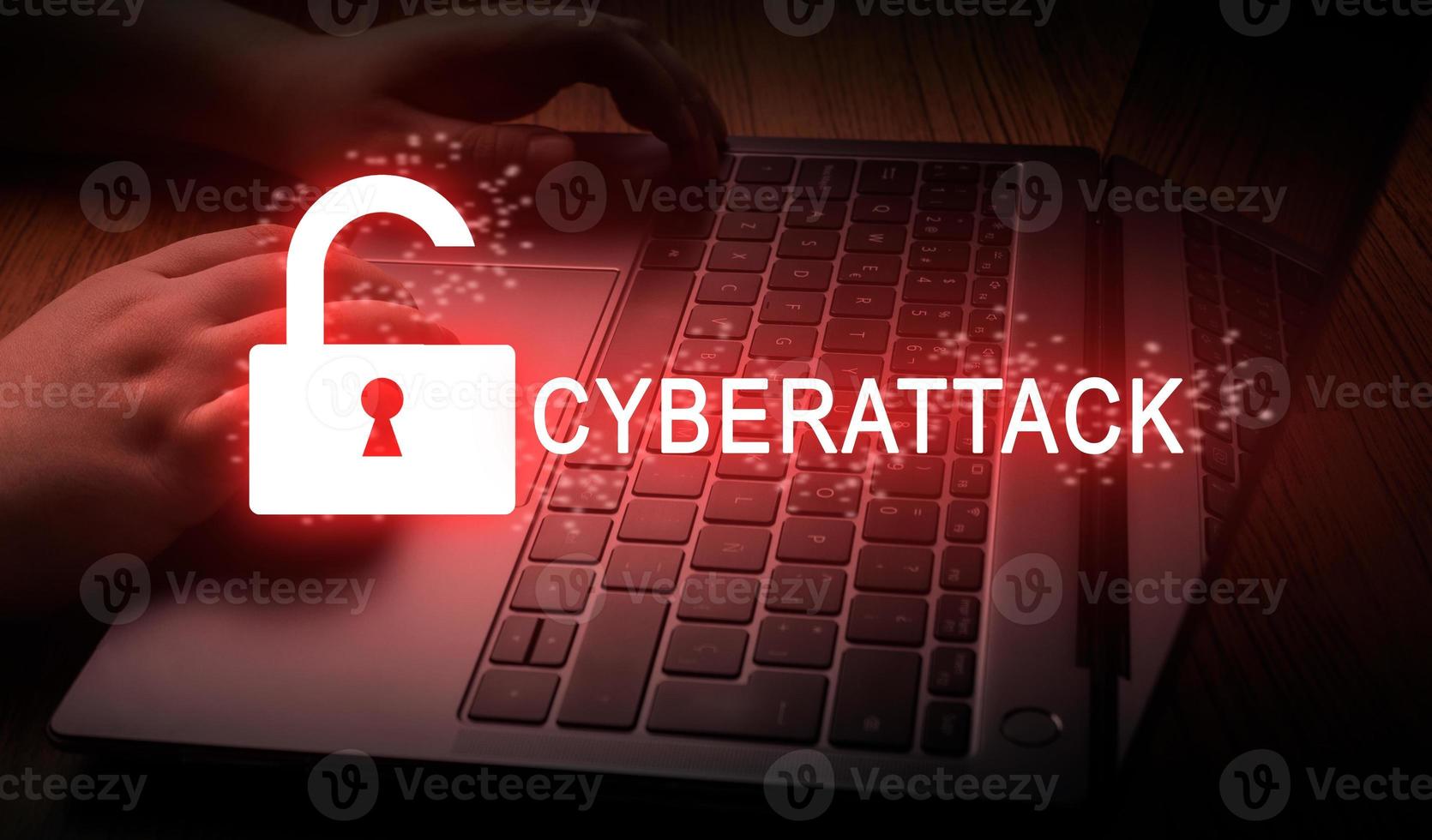 Woman using laptop with digital warning pop up of cyberattack. Cyber crime concept. Cyber security data protection business technology. photo