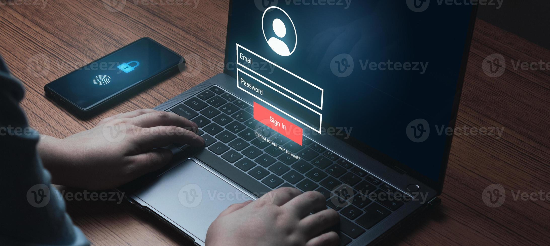 Banner of woman using laptop with VR interface on keyboard. Secure access to user's personal information. Sign in with username and password. Cyber security and data protection. photo