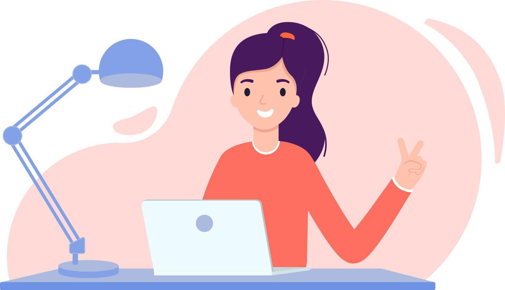 Creative girl working on laptop. Vector illustration in flat design style.