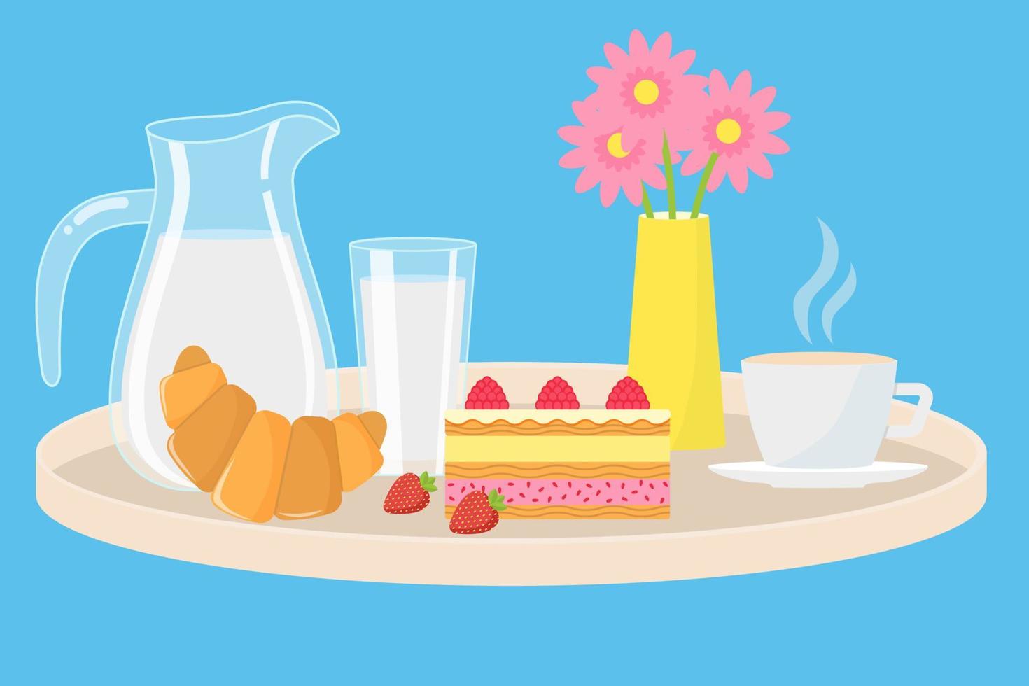 Still life of Breakfast products milk, croissant, cake, coffee, strawberries. Vector illustration in flat style.