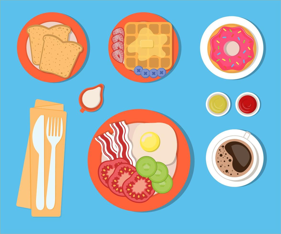 Food and drinks for Breakfast, set of isolated elements. Vector illustration in flat style.