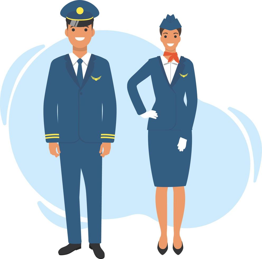 Pilot and stewardess, standing in uniform. Vector illustration, cartoon style.