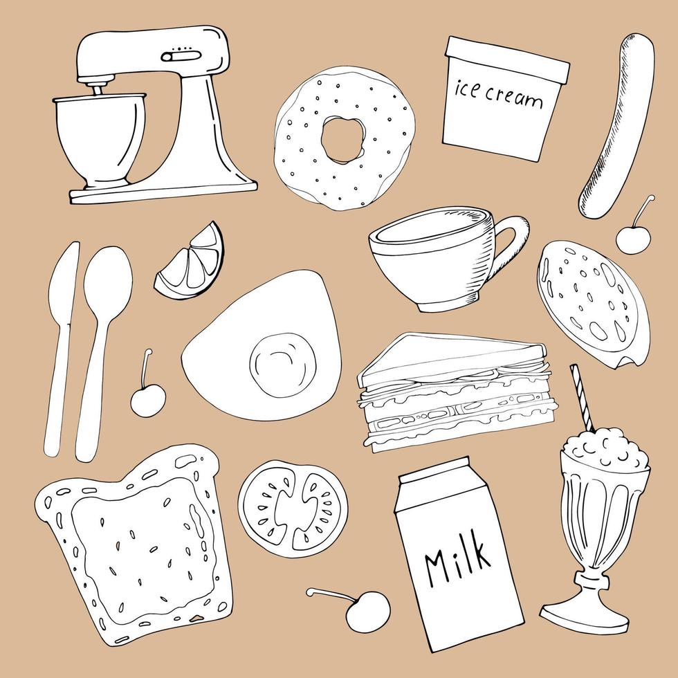 Set of isolated black and white elements, the concept of food. Sandwich, bread, milk, mug, sausage, donut, mixer, milkshake, hand drawn. vector