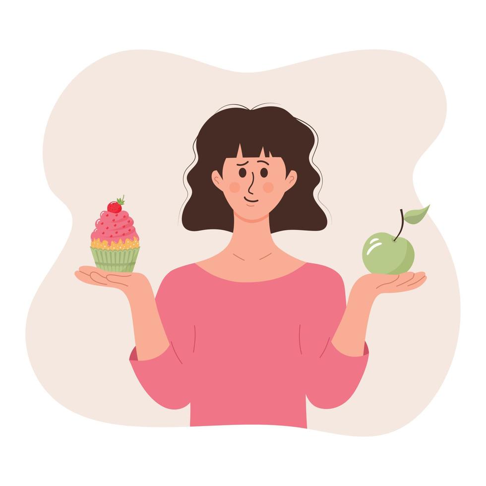 Girl with an apple in one hand and a cake in another, thinking what is better to eat. Woman making diet choice. Healthy and unhealthy food. Concept of health diet, healthy habits, diet plan. vector