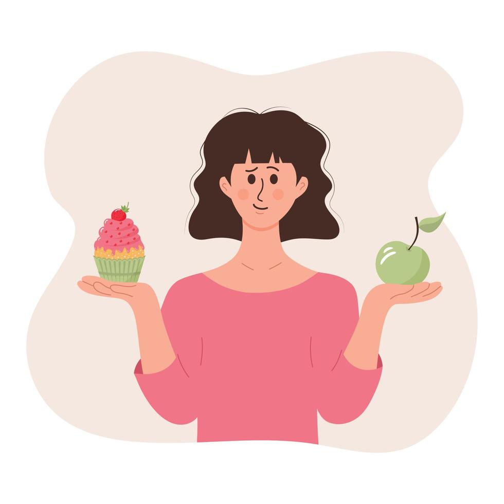 niña con una manzana en una mano y un pastel en otra, pensando qué es mejor comer. mujer haciendo elección de dieta. alimentos saludables y no saludables. concepto de dieta saludable, hábitos saludables, plan de dieta. vector