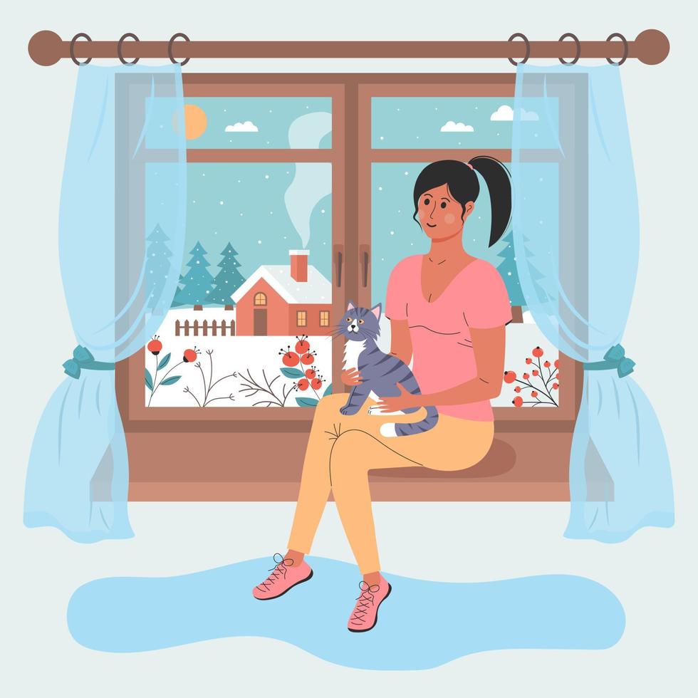 Girl with a cat sitting on the window. There is a winter day landscape outside the window. Winter mood, pet, relaxing, cozy home concept. vector