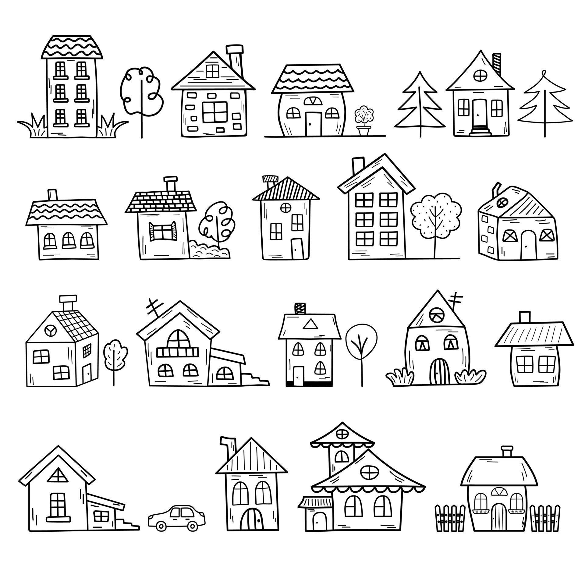 Doodle home set. Hand drawn cute houses of different shapes and types