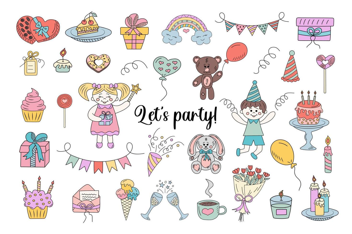 Big birthday celebration doodle clipart set. Hand drawn icons collection. vector