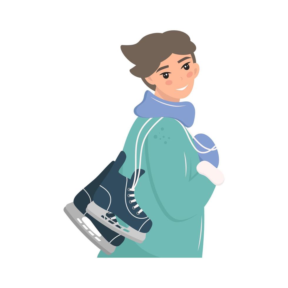 Cute boy with hockey skates. Cute boy carries winter hockey skates over his shoulder. vector illustration