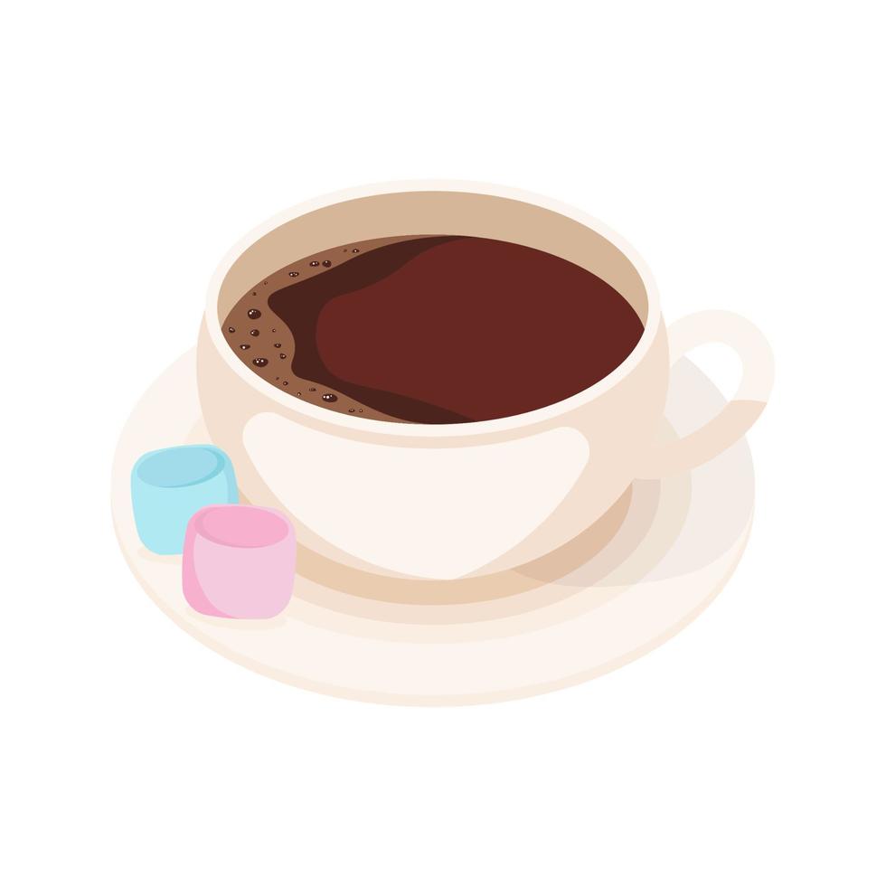 A cup of cocoa on a saucer with colored marshmallow. vector illustration