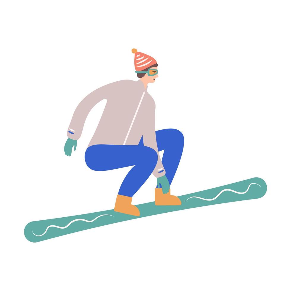 un joven practica snowboard en invierno. ilustración vectorial vector